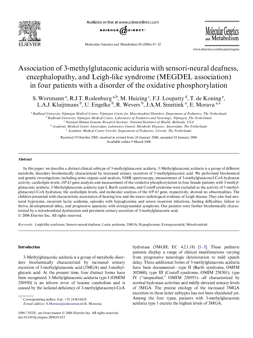 Association of 3-methylglutaconic aciduria with sensori-neural deafness, encephalopathy, and Leigh-like syndrome (MEGDEL association) in four patients with a disorder of the oxidative phosphorylation