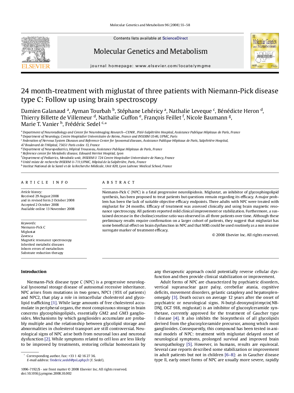 24 month-treatment with miglustat of three patients with Niemann-Pick disease type C: Follow up using brain spectroscopy