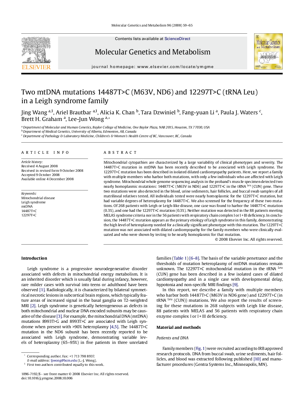 Two mtDNA mutations 14487T>C (M63V, ND6) and 12297T>C (tRNA Leu) in a Leigh syndrome family