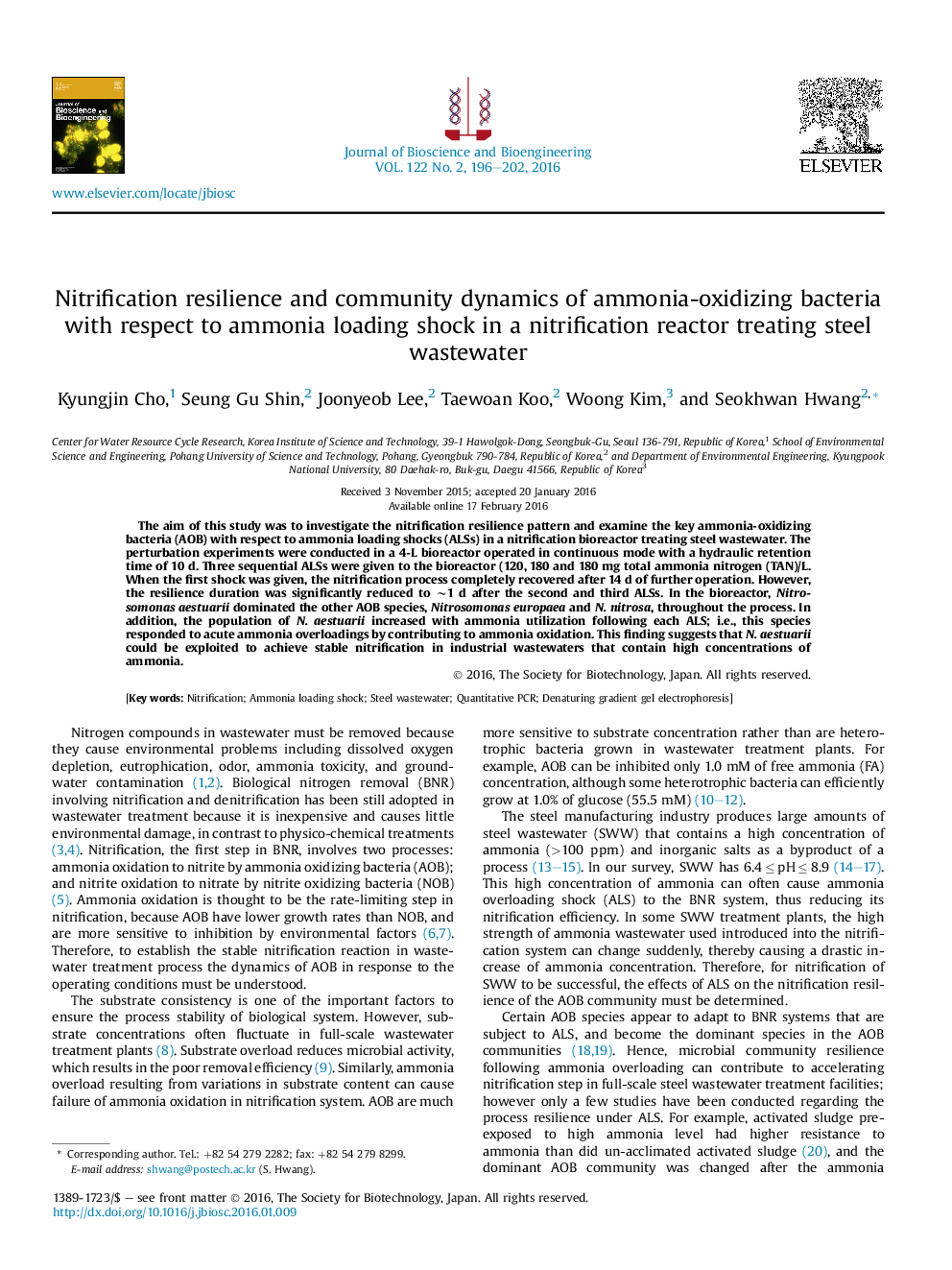 Nitrification resilience and community dynamics of ammonia-oxidizing bacteria with respect to ammonia loading shock in a nitrification reactor treating steel wastewater