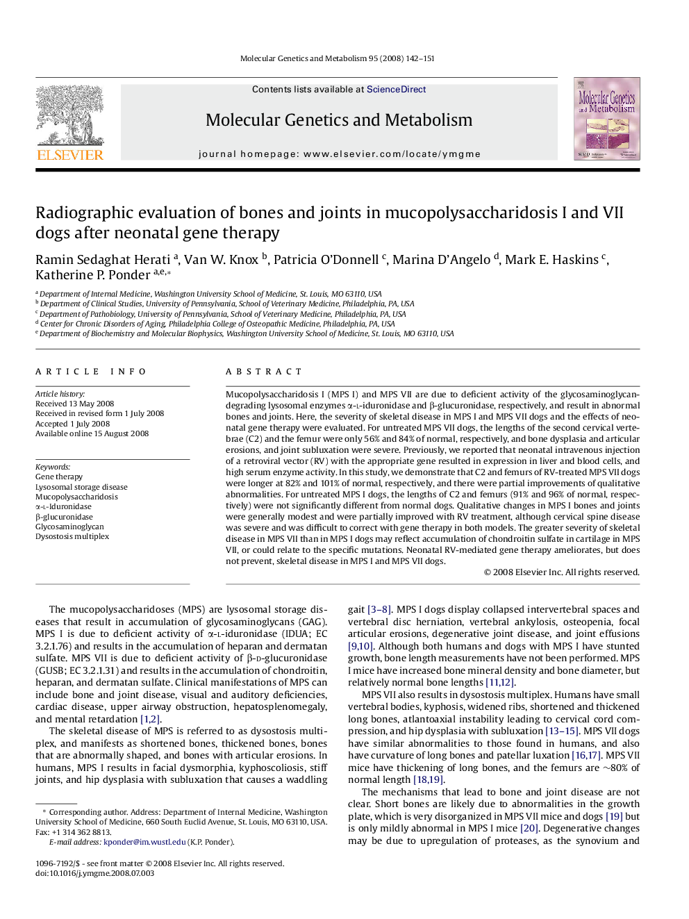 Radiographic evaluation of bones and joints in mucopolysaccharidosis I and VII dogs after neonatal gene therapy