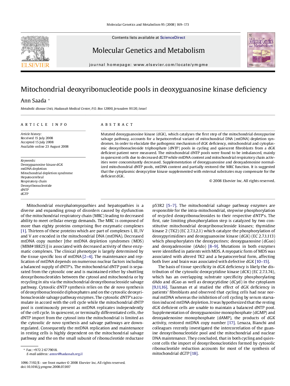 Mitochondrial deoxyribonucleotide pools in deoxyguanosine kinase deficiency