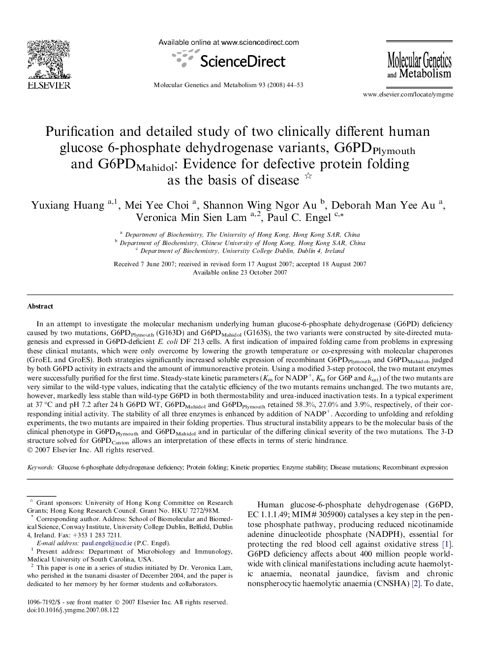 Purification and detailed study of two clinically different human glucose 6-phosphate dehydrogenase variants, G6PDPlymouth and G6PDMahidol: Evidence for defective protein folding as the basis of disease 