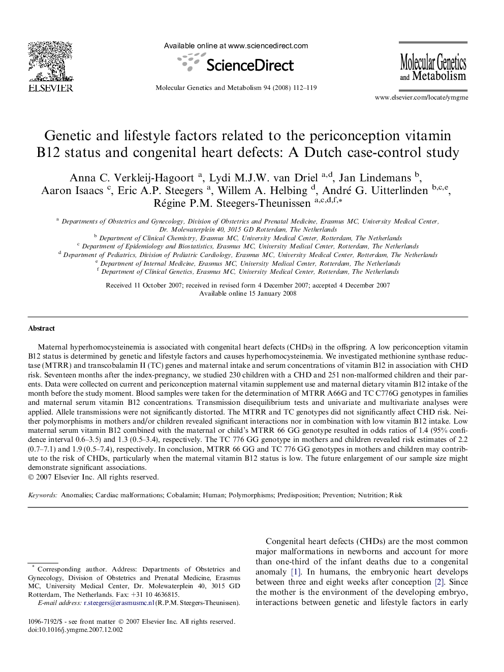 Genetic and lifestyle factors related to the periconception vitamin B12 status and congenital heart defects: A Dutch case-control study