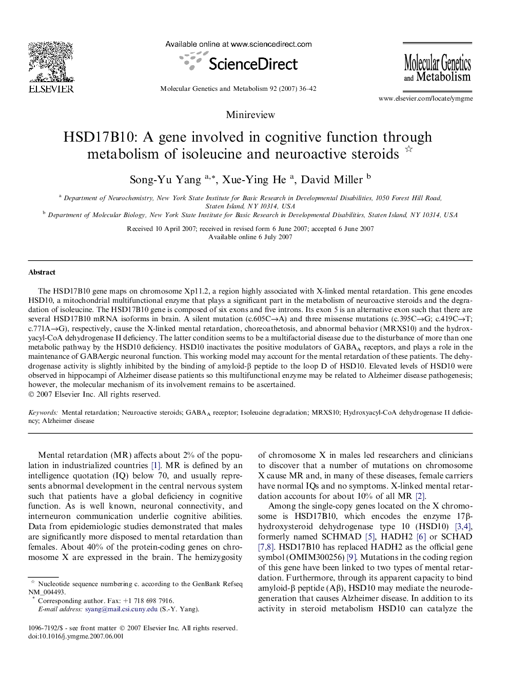 HSD17B10: A gene involved in cognitive function through metabolism of isoleucine and neuroactive steroids 