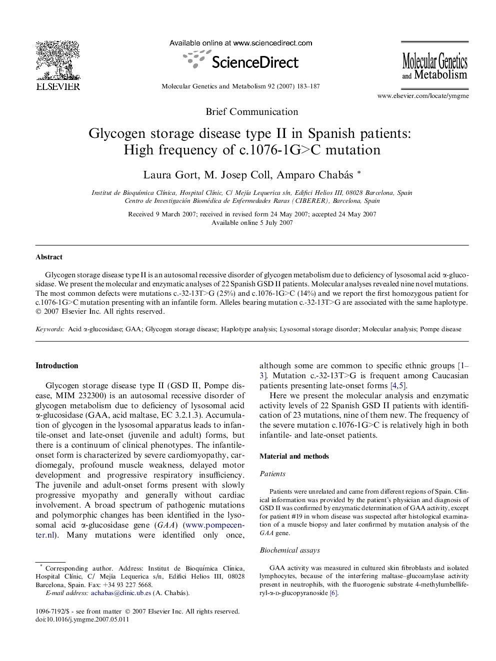 Glycogen storage disease type II in Spanish patients: High frequency of c.1076-1G>C mutation