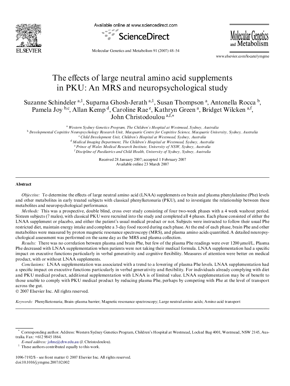 The effects of large neutral amino acid supplements in PKU: An MRS and neuropsychological study