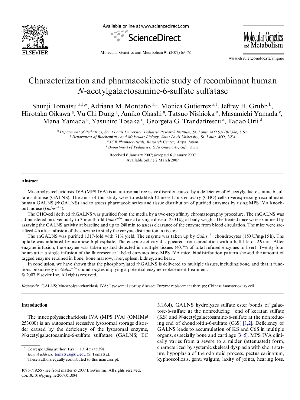 Characterization and pharmacokinetic study of recombinant human N-acetylgalactosamine-6-sulfate sulfatase