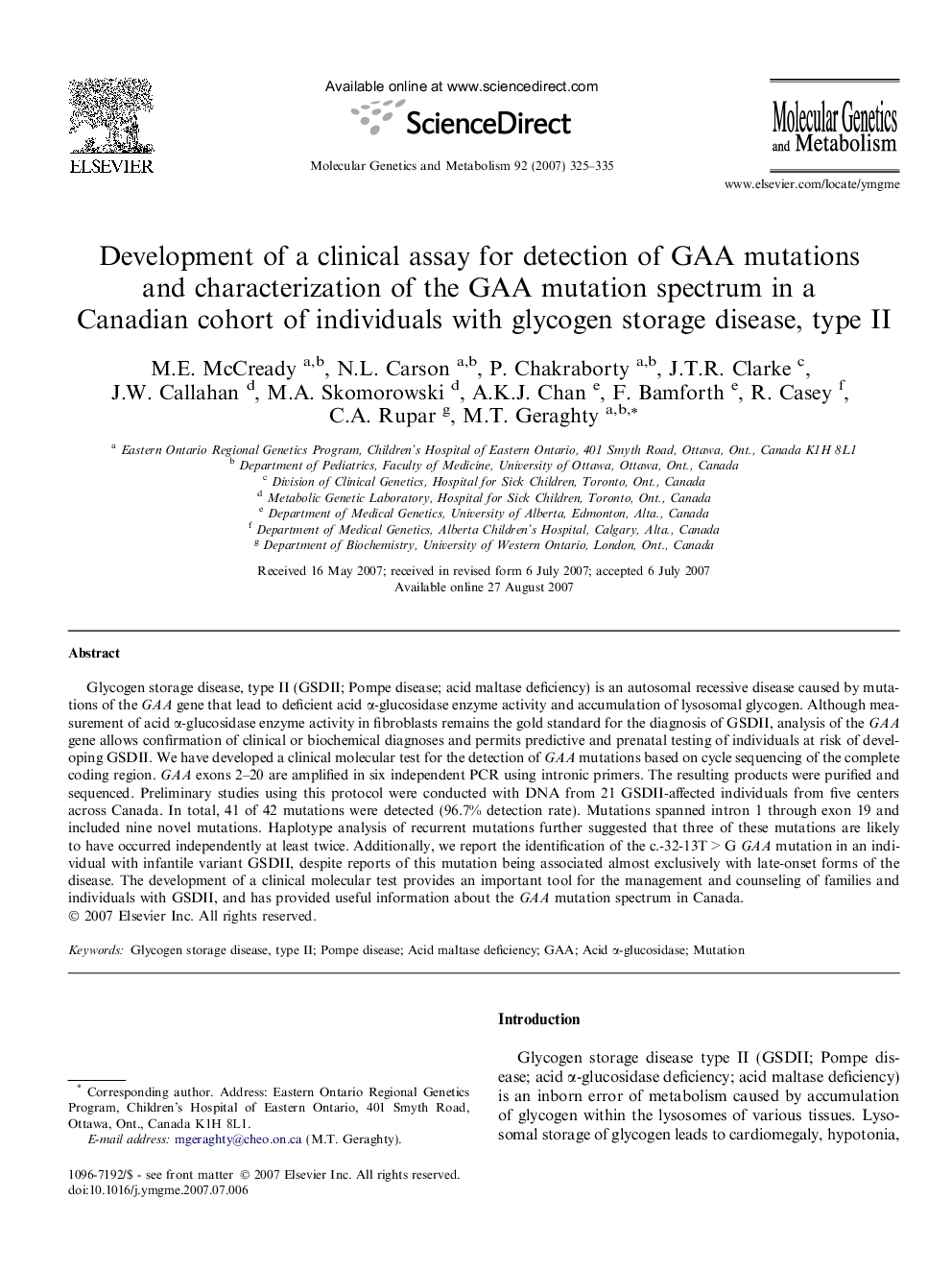 Development of a clinical assay for detection of GAA mutations and characterization of the GAA mutation spectrum in a Canadian cohort of individuals with glycogen storage disease, type II