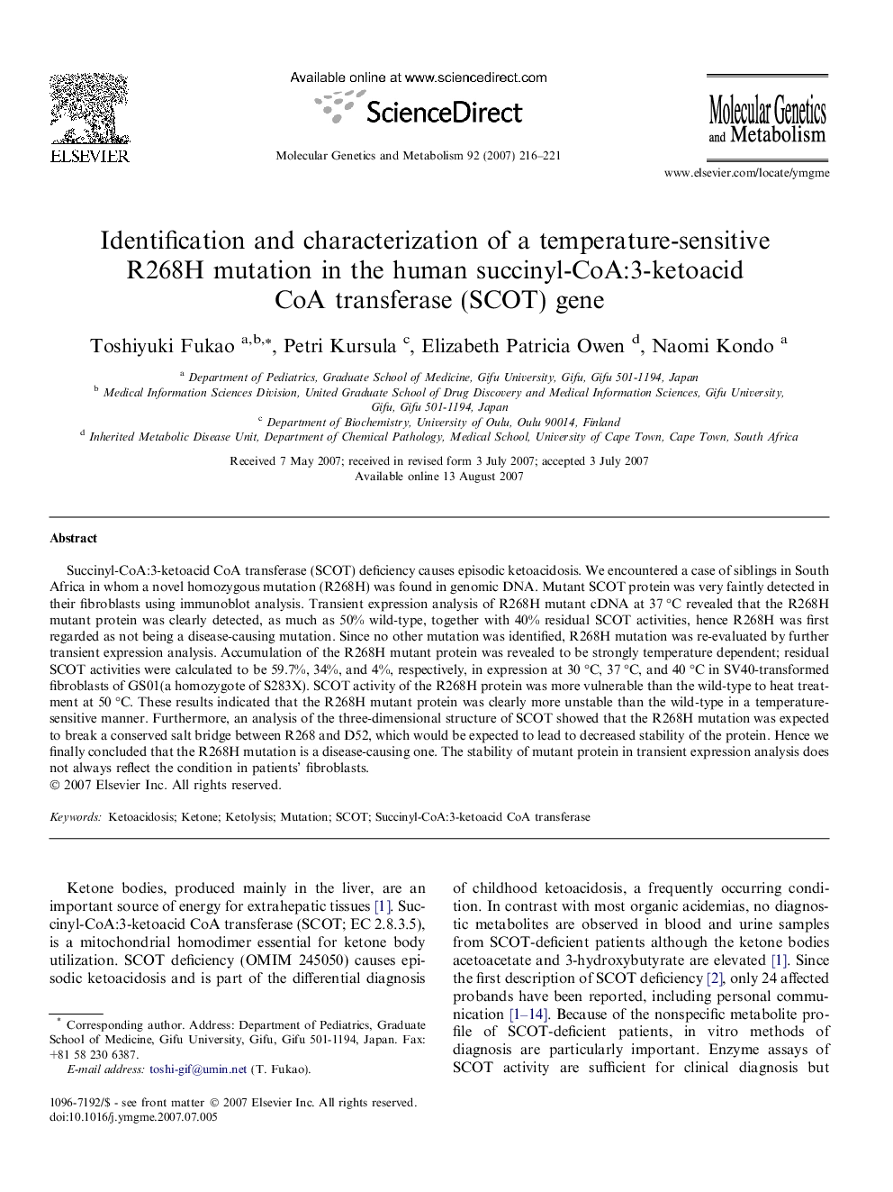 Identification and characterization of a temperature-sensitive R268H mutation in the human succinyl-CoA:3-ketoacid CoA transferase (SCOT) gene