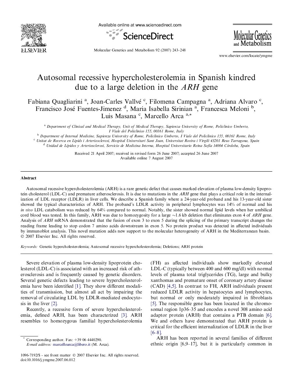 Autosomal recessive hypercholesterolemia in Spanish kindred due to a large deletion in the ARH gene