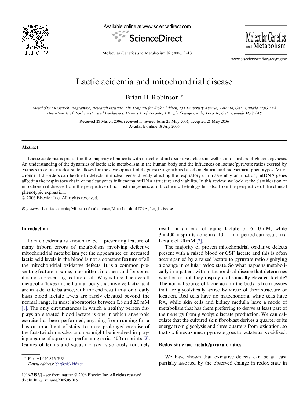 Lactic acidemia and mitochondrial disease