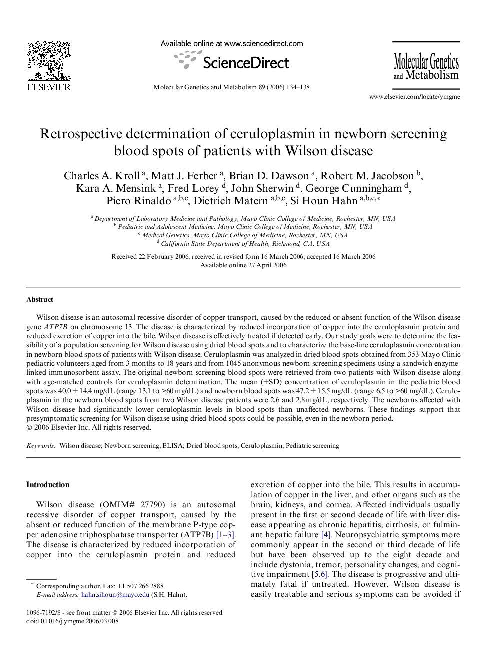 Retrospective determination of ceruloplasmin in newborn screening blood spots of patients with Wilson disease