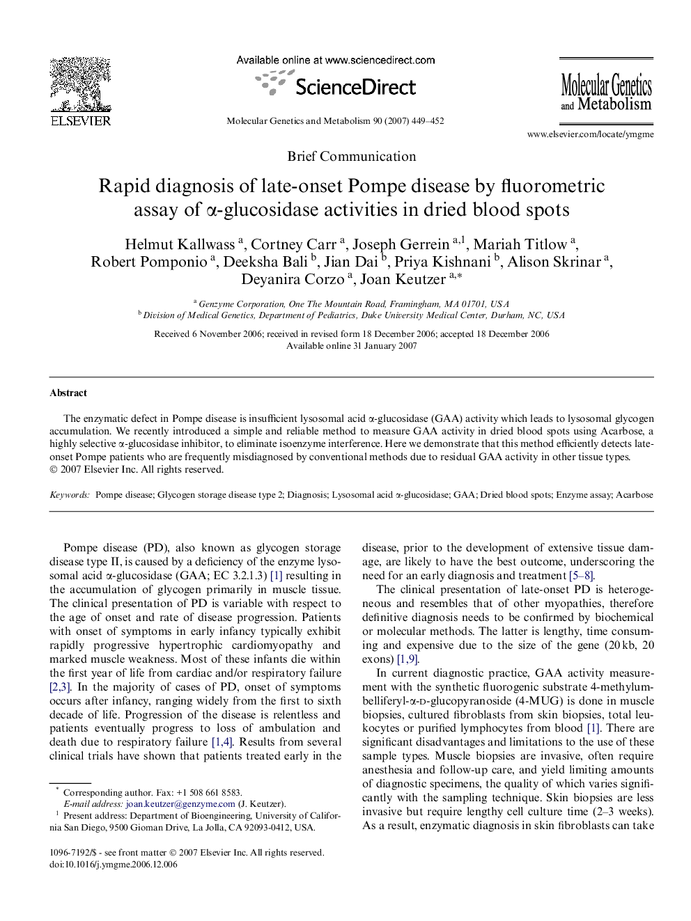 Rapid diagnosis of late-onset Pompe disease by fluorometric assay of α-glucosidase activities in dried blood spots