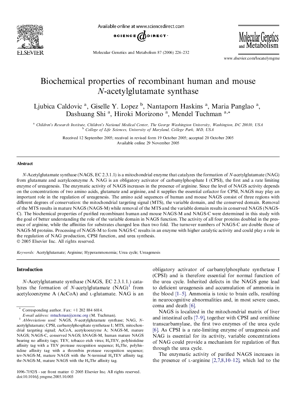 Biochemical properties of recombinant human and mouse N-acetylglutamate synthase