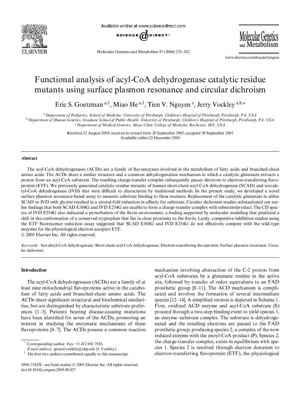 Functional analysis of acyl-CoA dehydrogenase catalytic residue mutants using surface plasmon resonance and circular dichroism