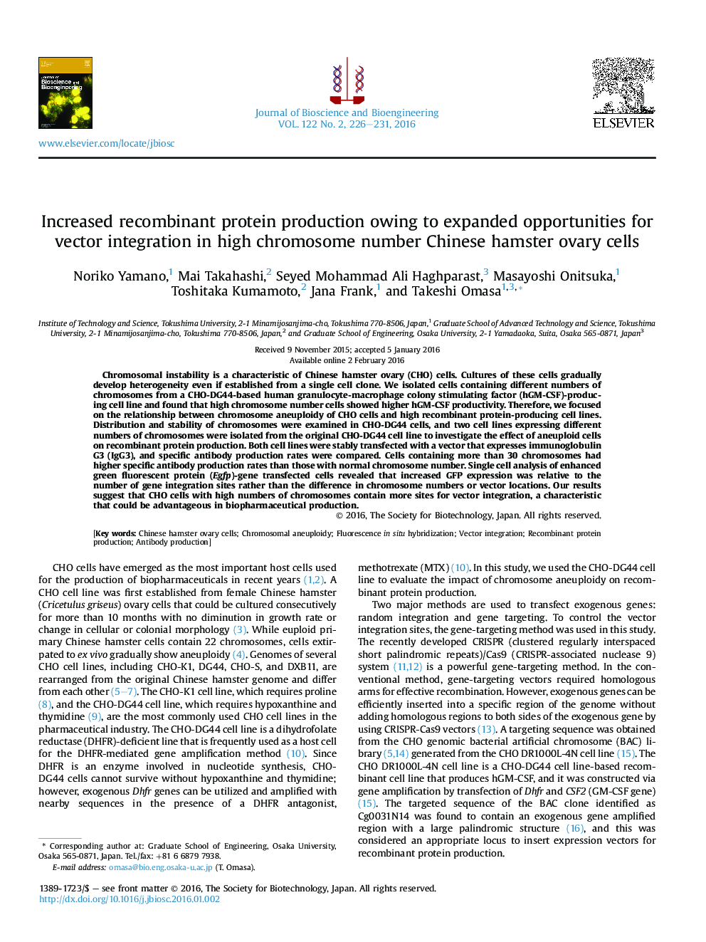 Increased recombinant protein production owing to expanded opportunities for vector integration in high chromosome number Chinese hamster ovary cells