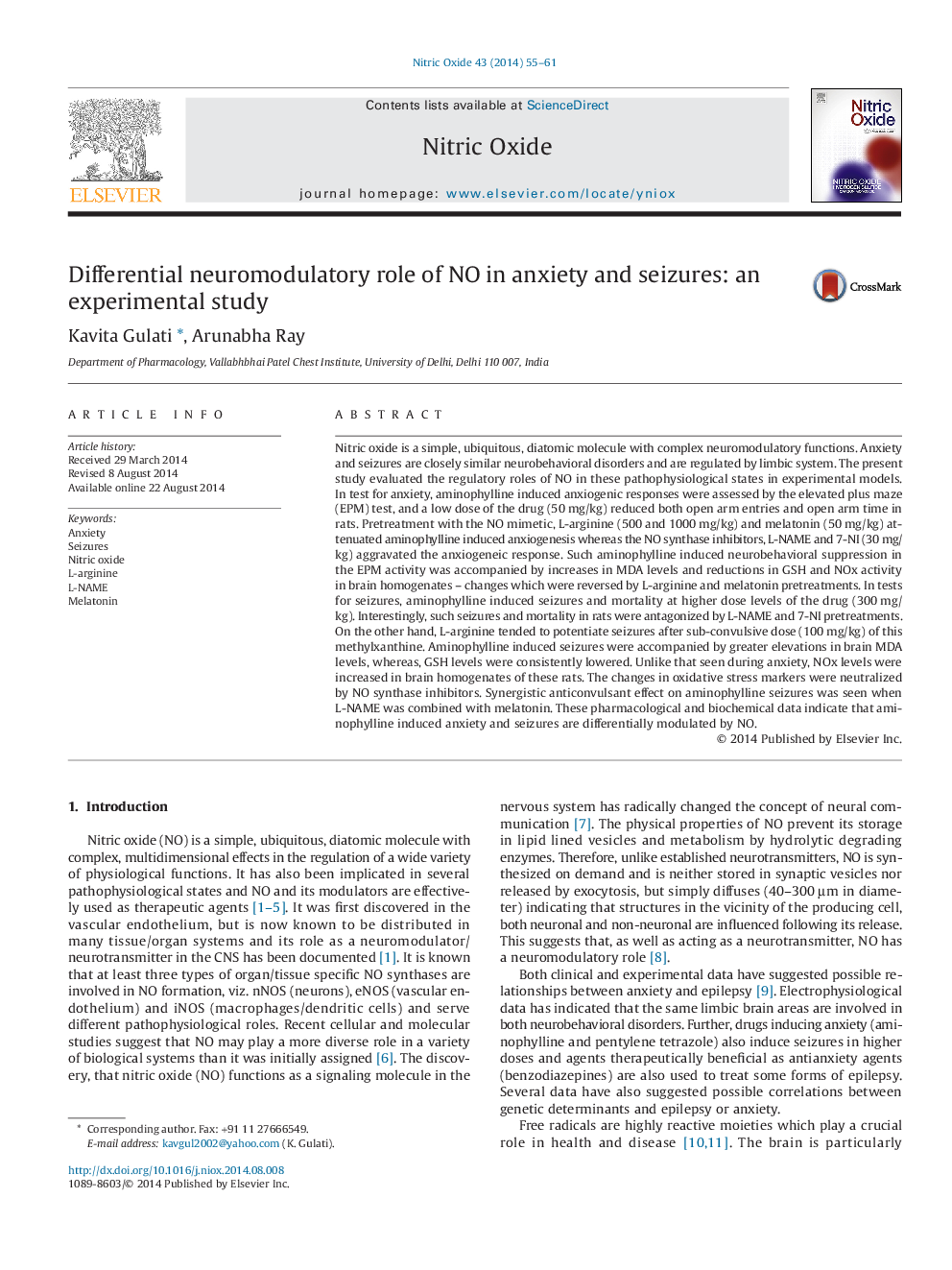 Differential neuromodulatory role of NO in anxiety and seizures: an experimental study