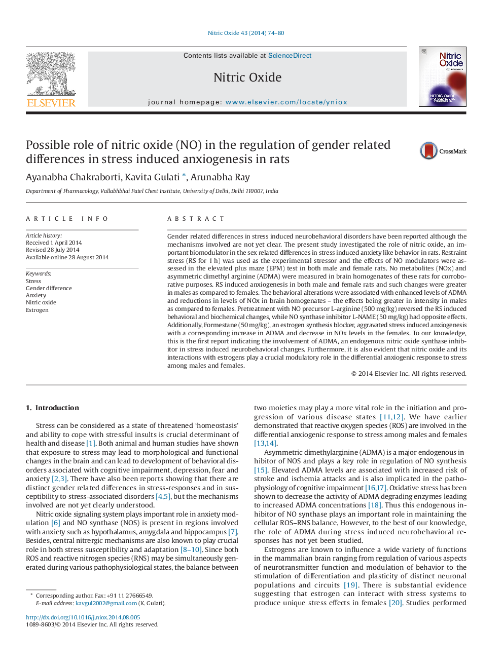 Possible role of nitric oxide (NO) in the regulation of gender related differences in stress induced anxiogenesis in rats