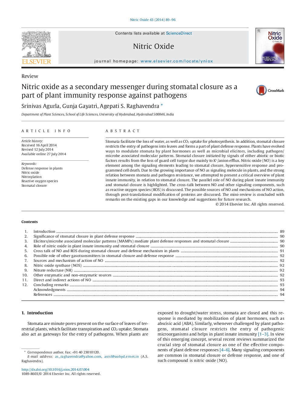 Nitric oxide as a secondary messenger during stomatal closure as a part of plant immunity response against pathogens