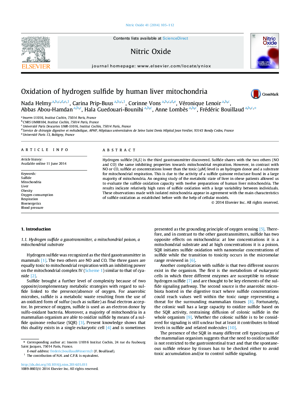 Oxidation of hydrogen sulfide by human liver mitochondria