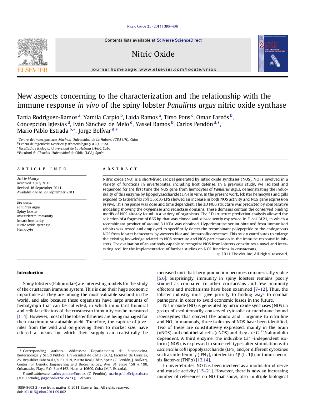 New aspects concerning to the characterization and the relationship with the immune response in vivo of the spiny lobster Panulirus argus nitric oxide synthase