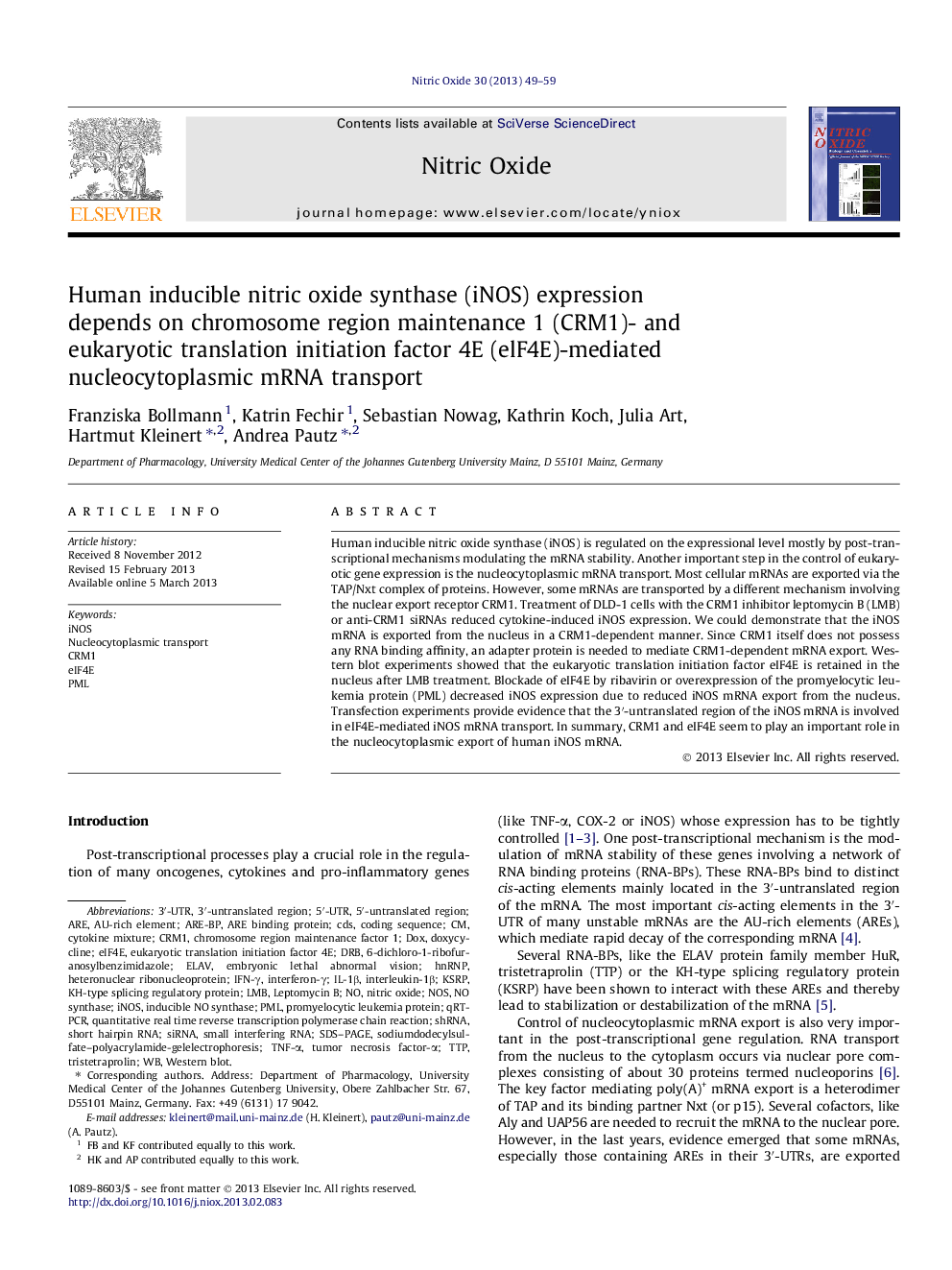 Human inducible nitric oxide synthase (iNOS) expression depends on chromosome region maintenance 1 (CRM1)- and eukaryotic translation initiation factor 4E (elF4E)-mediated nucleocytoplasmic mRNA transport