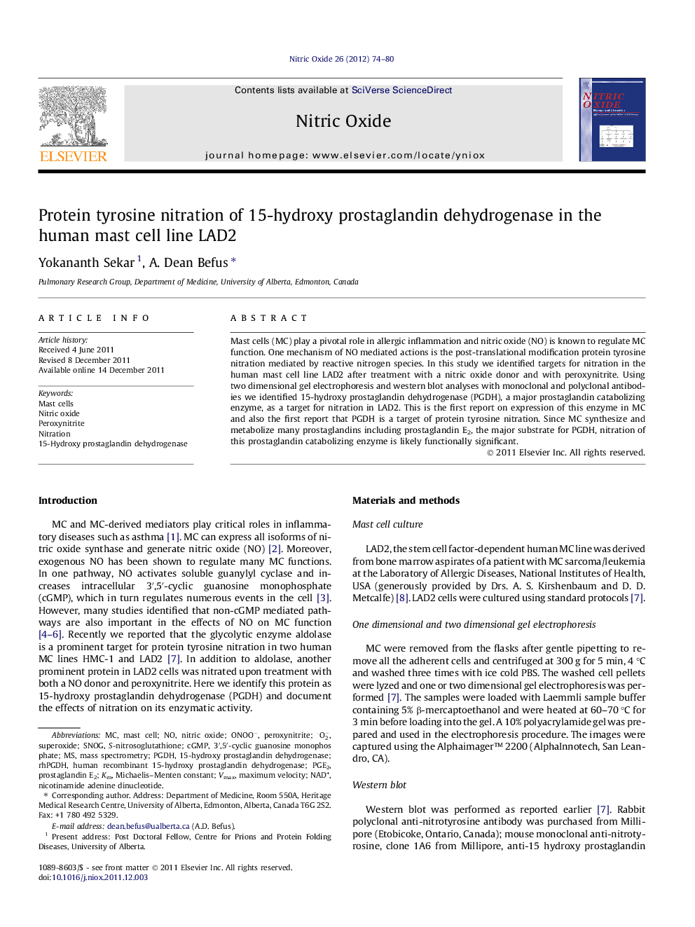 Protein tyrosine nitration of 15-hydroxy prostaglandin dehydrogenase in the human mast cell line LAD2