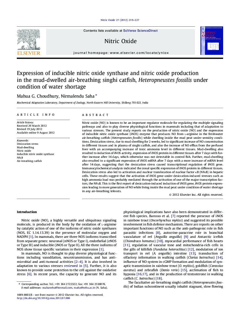 Expression of inducible nitric oxide synthase and nitric oxide production in the mud-dwelled air-breathing singhi catfish, Heteropneustes fossilis under condition of water shortage