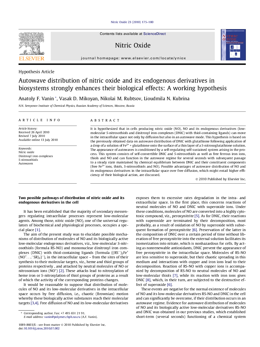 Autowave distribution of nitric oxide and its endogenous derivatives in biosystems strongly enhances their biological effects: A working hypothesis