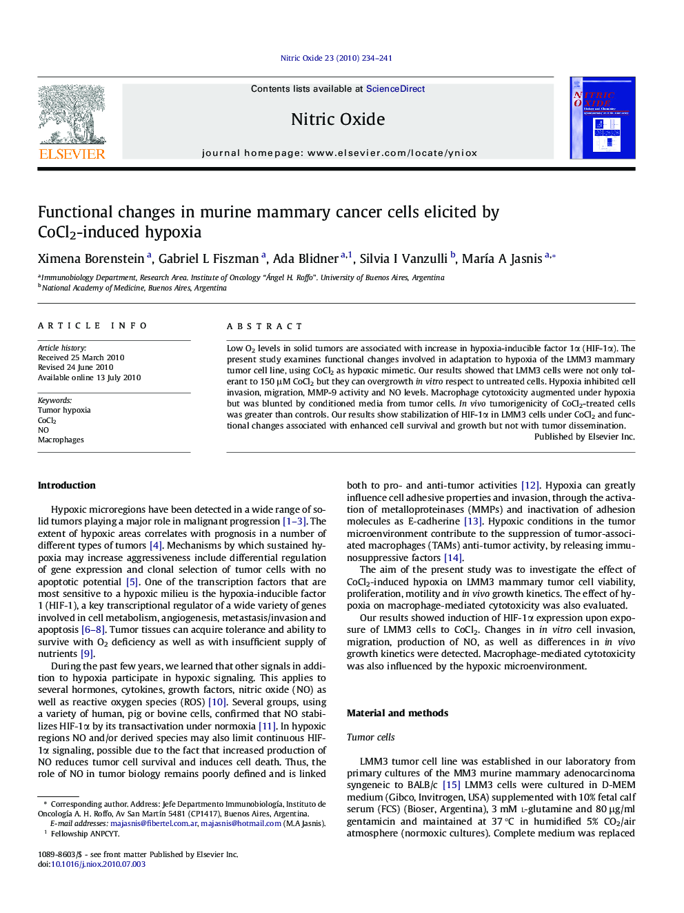 Functional changes in murine mammary cancer cells elicited by CoCl2-induced hypoxia