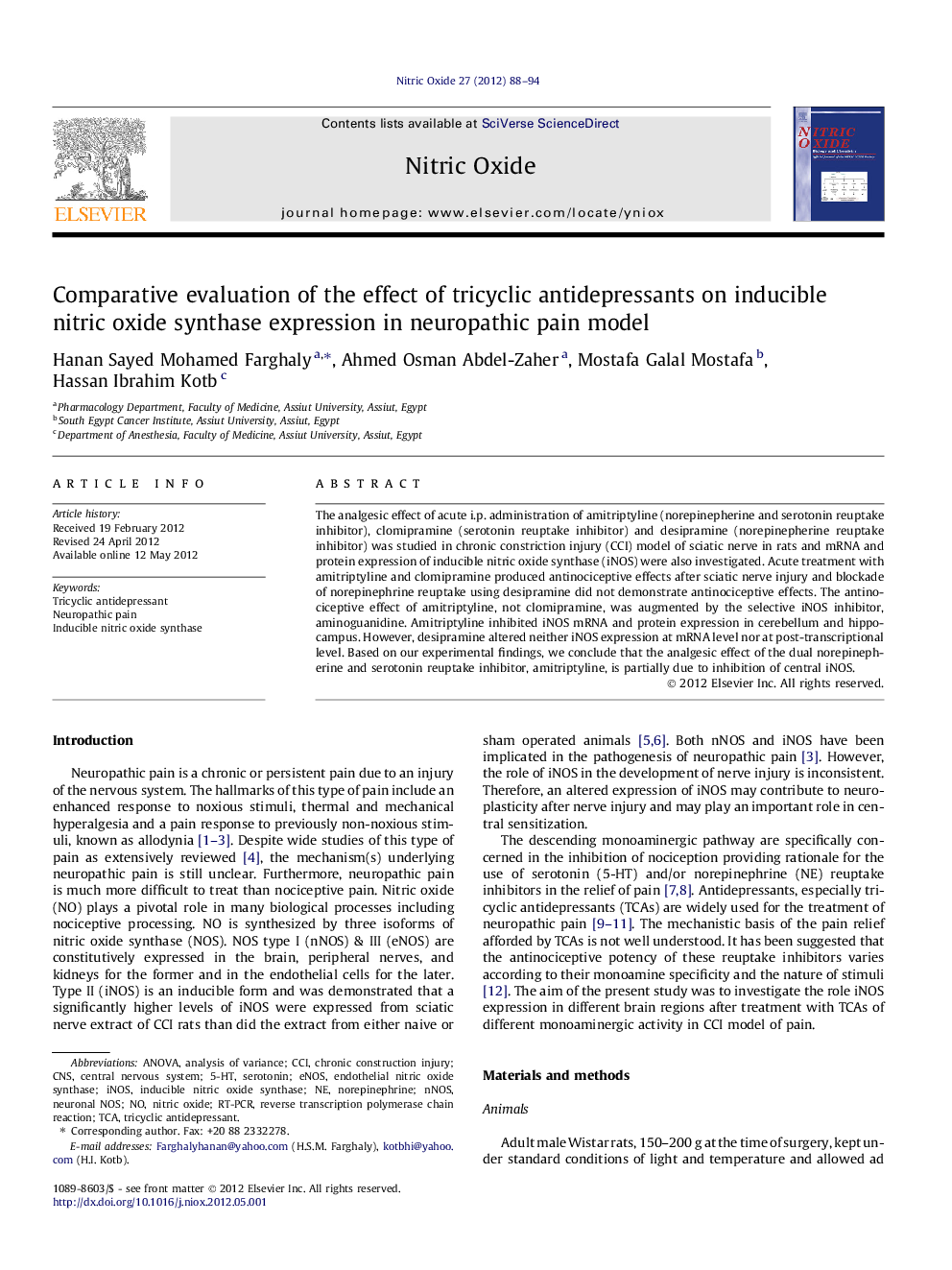 Comparative evaluation of the effect of tricyclic antidepressants on inducible nitric oxide synthase expression in neuropathic pain model