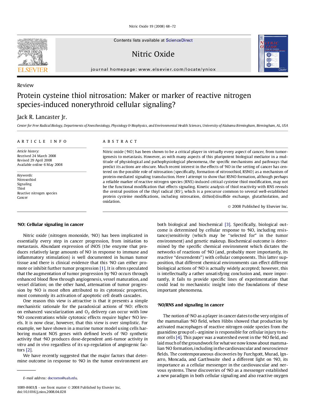 Protein cysteine thiol nitrosation: Maker or marker of reactive nitrogen species-induced nonerythroid cellular signaling?