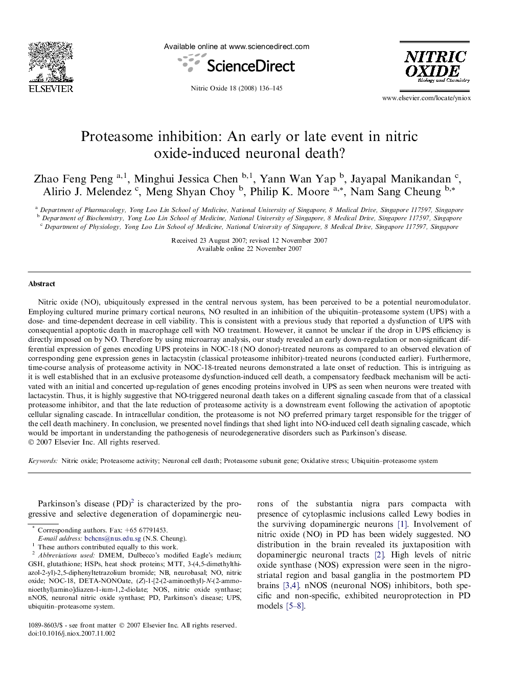 Proteasome inhibition: An early or late event in nitric oxide-induced neuronal death?