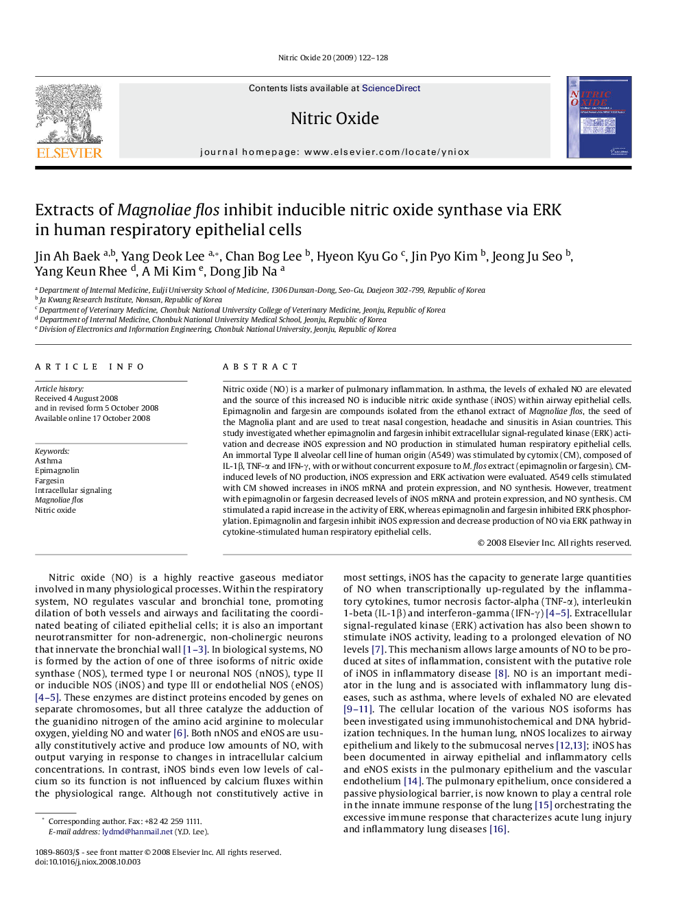 Extracts of Magnoliae flos inhibit inducible nitric oxide synthase via ERK in human respiratory epithelial cells