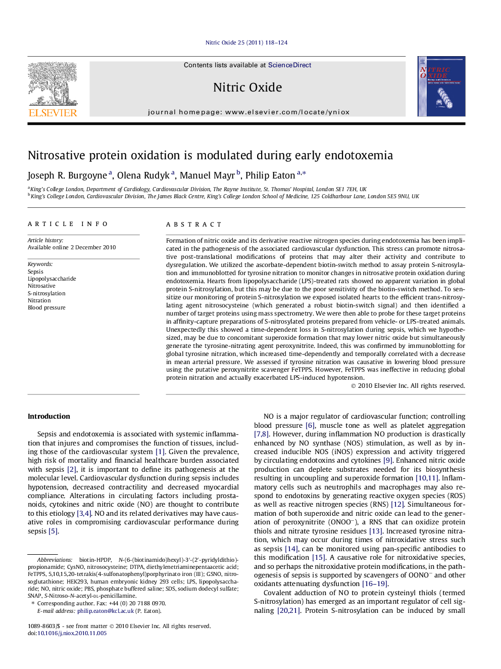 Nitrosative protein oxidation is modulated during early endotoxemia