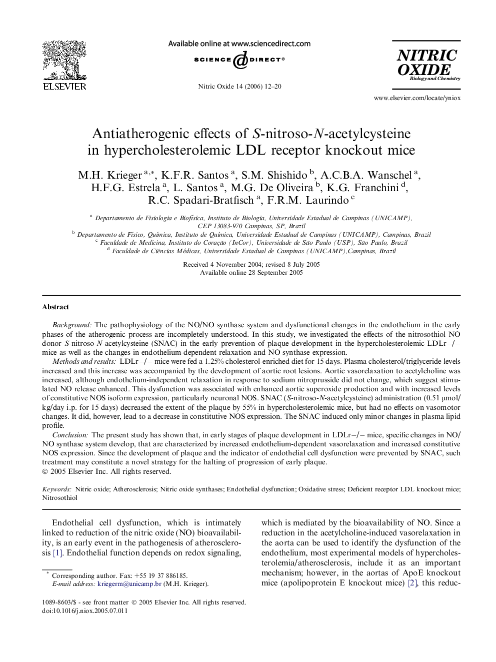 Antiatherogenic effects of S-nitroso-N-acetylcysteine in hypercholesterolemic LDL receptor knockout mice