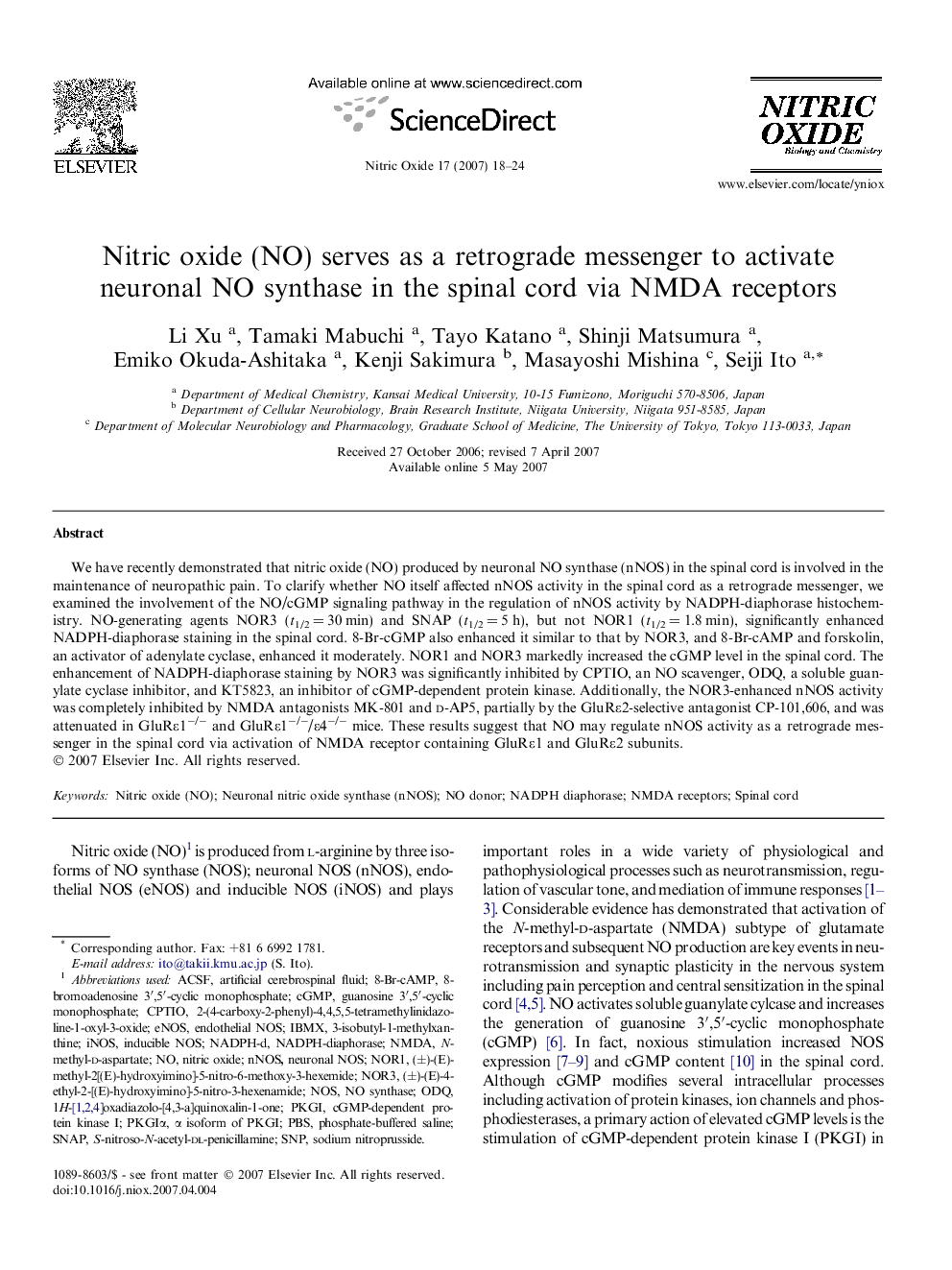 Nitric oxide (NO) serves as a retrograde messenger to activate neuronal NO synthase in the spinal cord via NMDA receptors