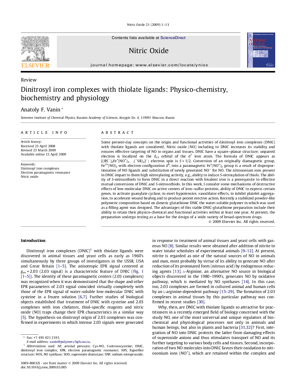 Dinitrosyl iron complexes with thiolate ligands: Physico-chemistry, biochemistry and physiology