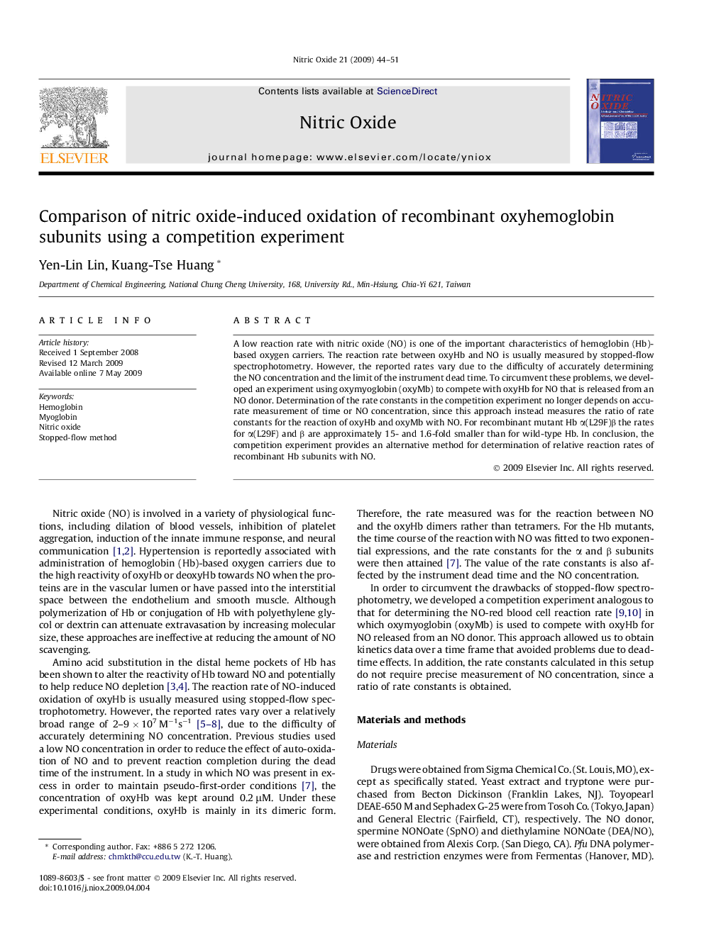 Comparison of nitric oxide-induced oxidation of recombinant oxyhemoglobin subunits using a competition experiment