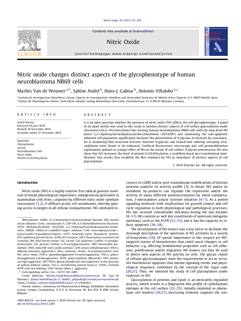 Nitric oxide changes distinct aspects of the glycophenotype of human neuroblastoma NB69 cells