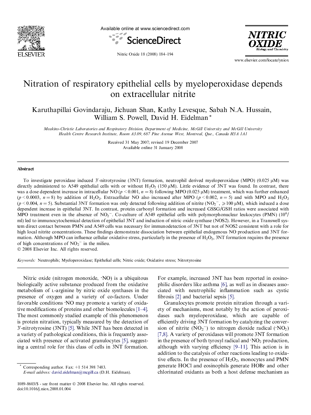 Nitration of respiratory epithelial cells by myeloperoxidase depends on extracellular nitrite