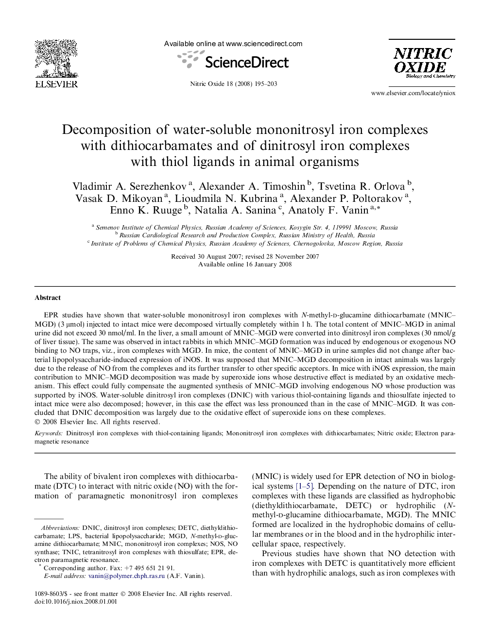 Decomposition of water-soluble mononitrosyl iron complexes with dithiocarbamates and of dinitrosyl iron complexes with thiol ligands in animal organisms