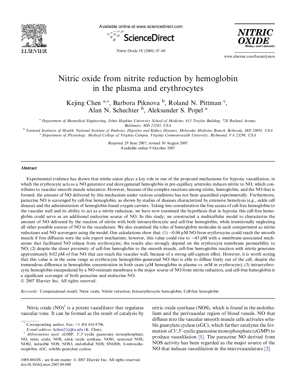 Nitric oxide from nitrite reduction by hemoglobin in the plasma and erythrocytes