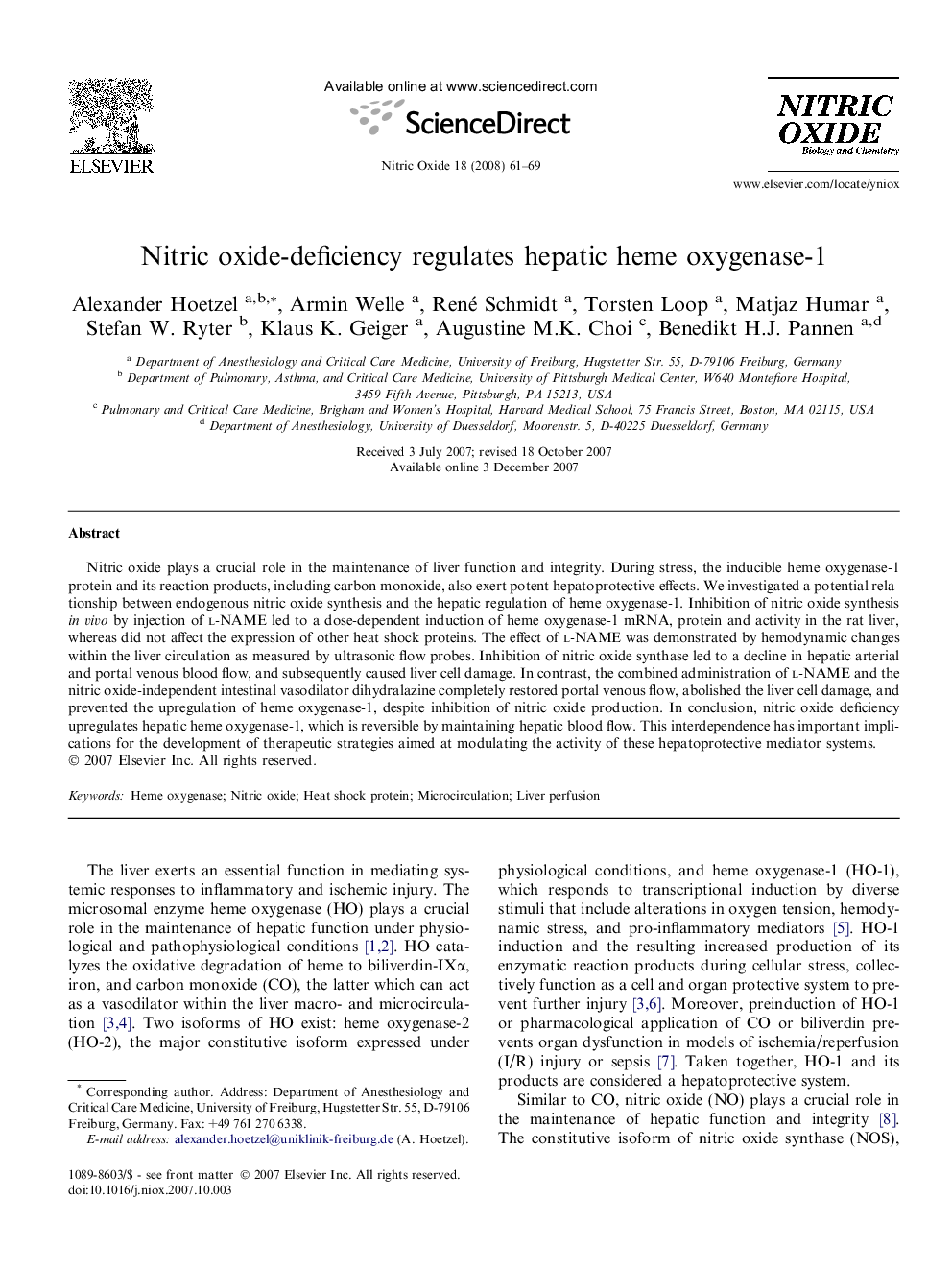 Nitric oxide-deficiency regulates hepatic heme oxygenase-1