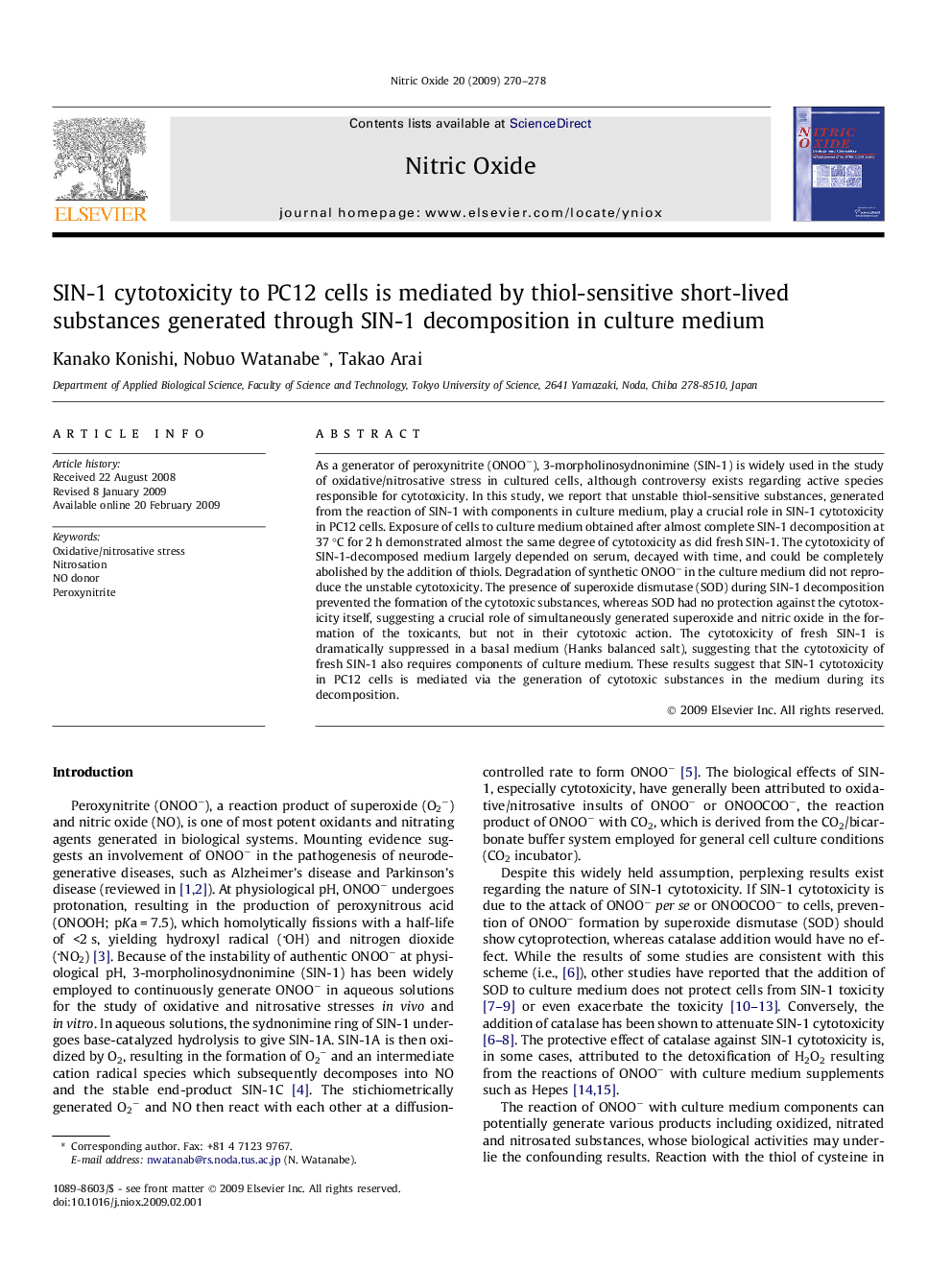 SIN-1 cytotoxicity to PC12 cells is mediated by thiol-sensitive short-lived substances generated through SIN-1 decomposition in culture medium