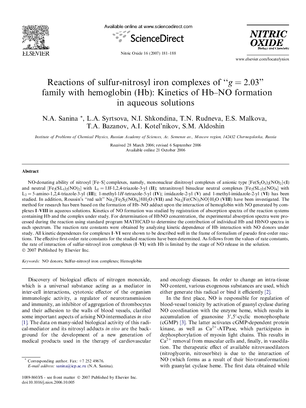 Reactions of sulfur-nitrosyl iron complexes of “gÂ =Â 2.03” family with hemoglobin (Hb): Kinetics of Hb-NO formation in aqueous solutions