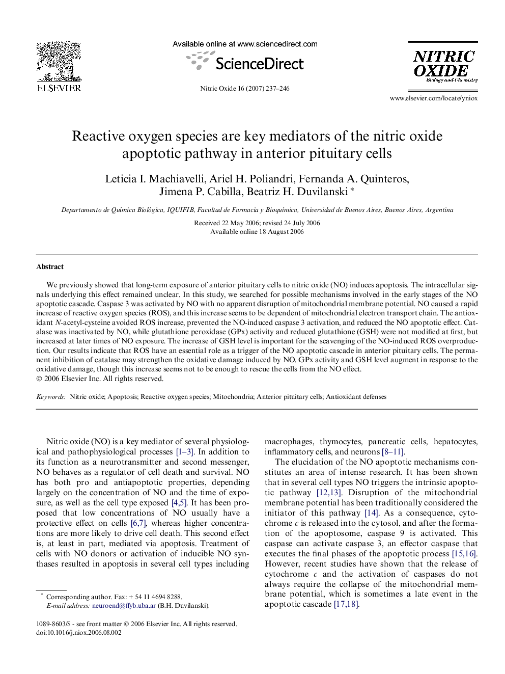 Reactive oxygen species are key mediators of the nitric oxide apoptotic pathway in anterior pituitary cells