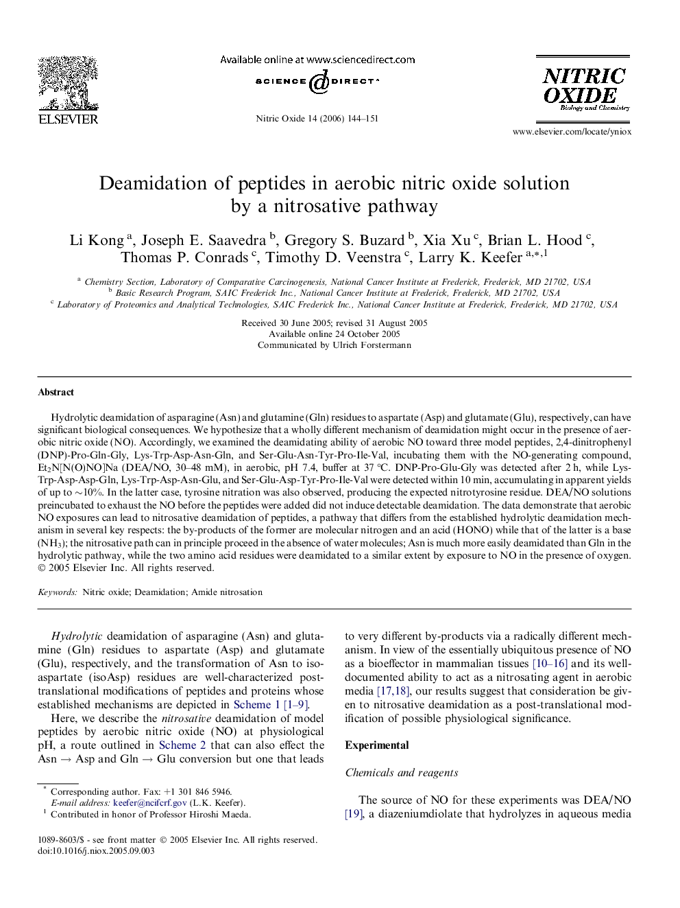 Deamidation of peptides in aerobic nitric oxide solution by a nitrosative pathway