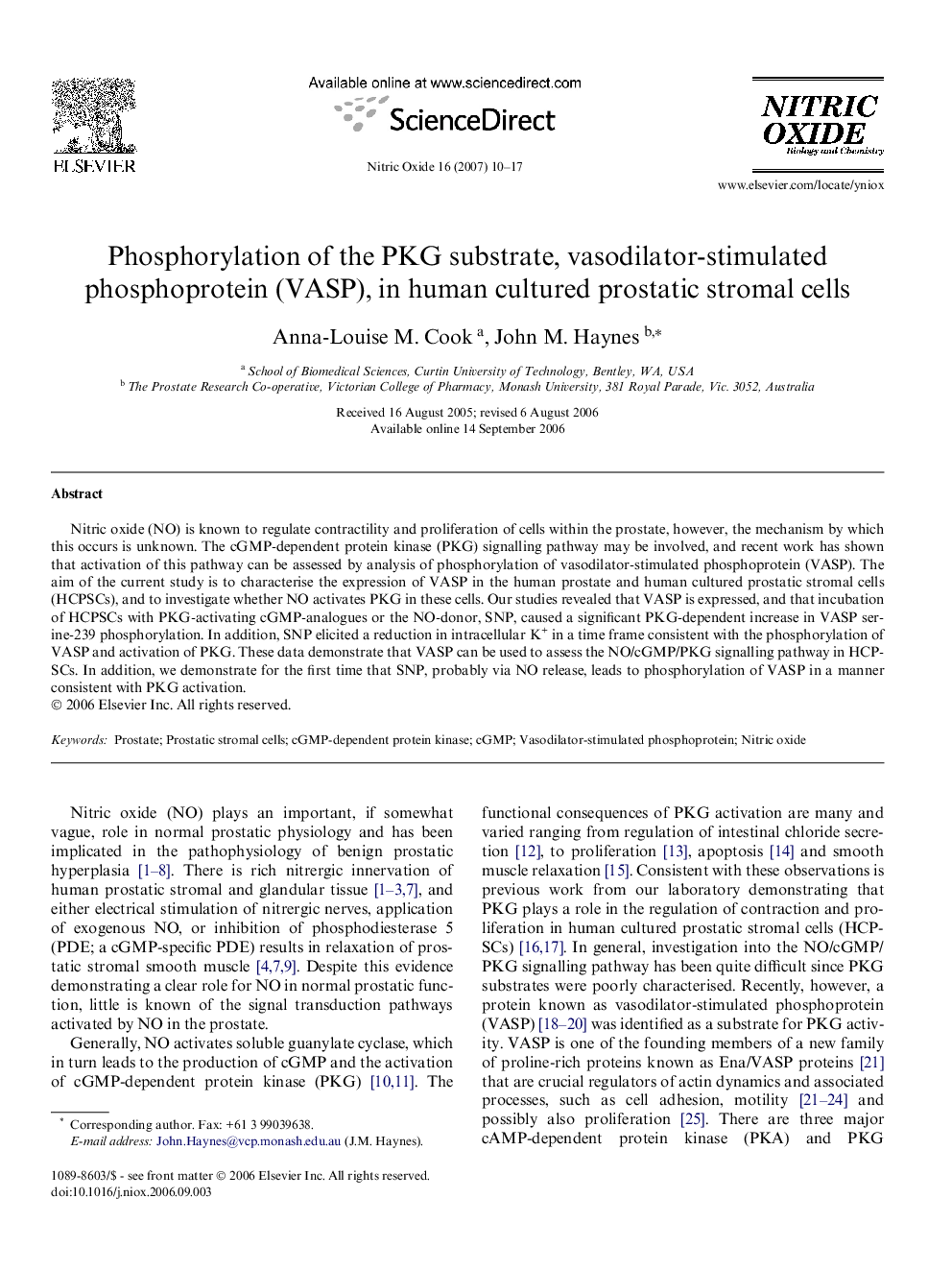 Phosphorylation of the PKG substrate, vasodilator-stimulated phosphoprotein (VASP), in human cultured prostatic stromal cells